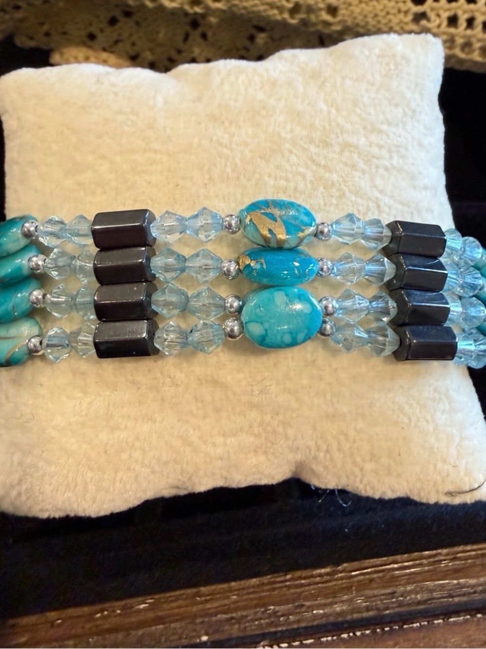 Magnetic hematite beads. It could be worn as a bracelet or a necklace.